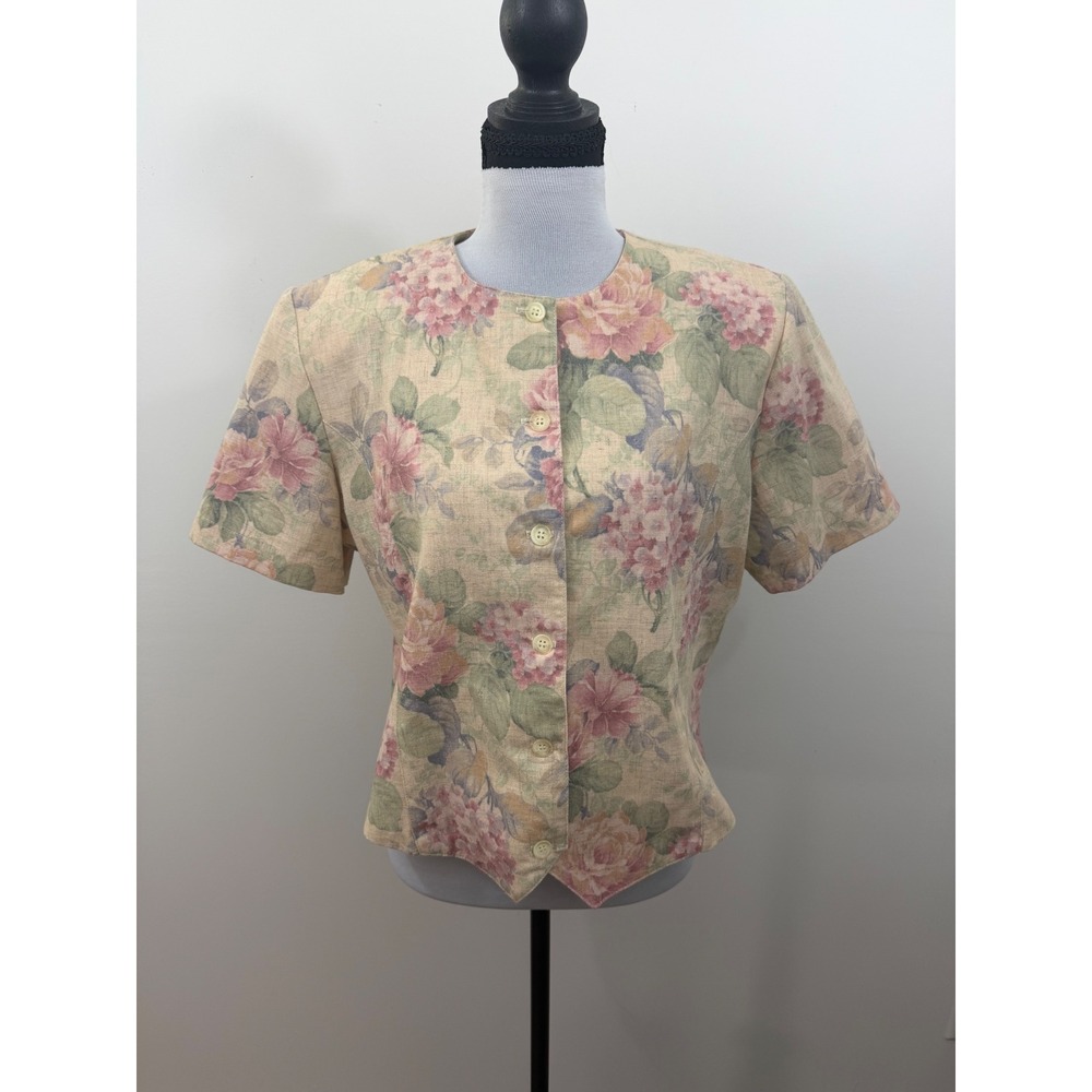 Alfred Dunner Floral Button Up Blouse Short Sleeve Pink Green Tan Size 10 USA